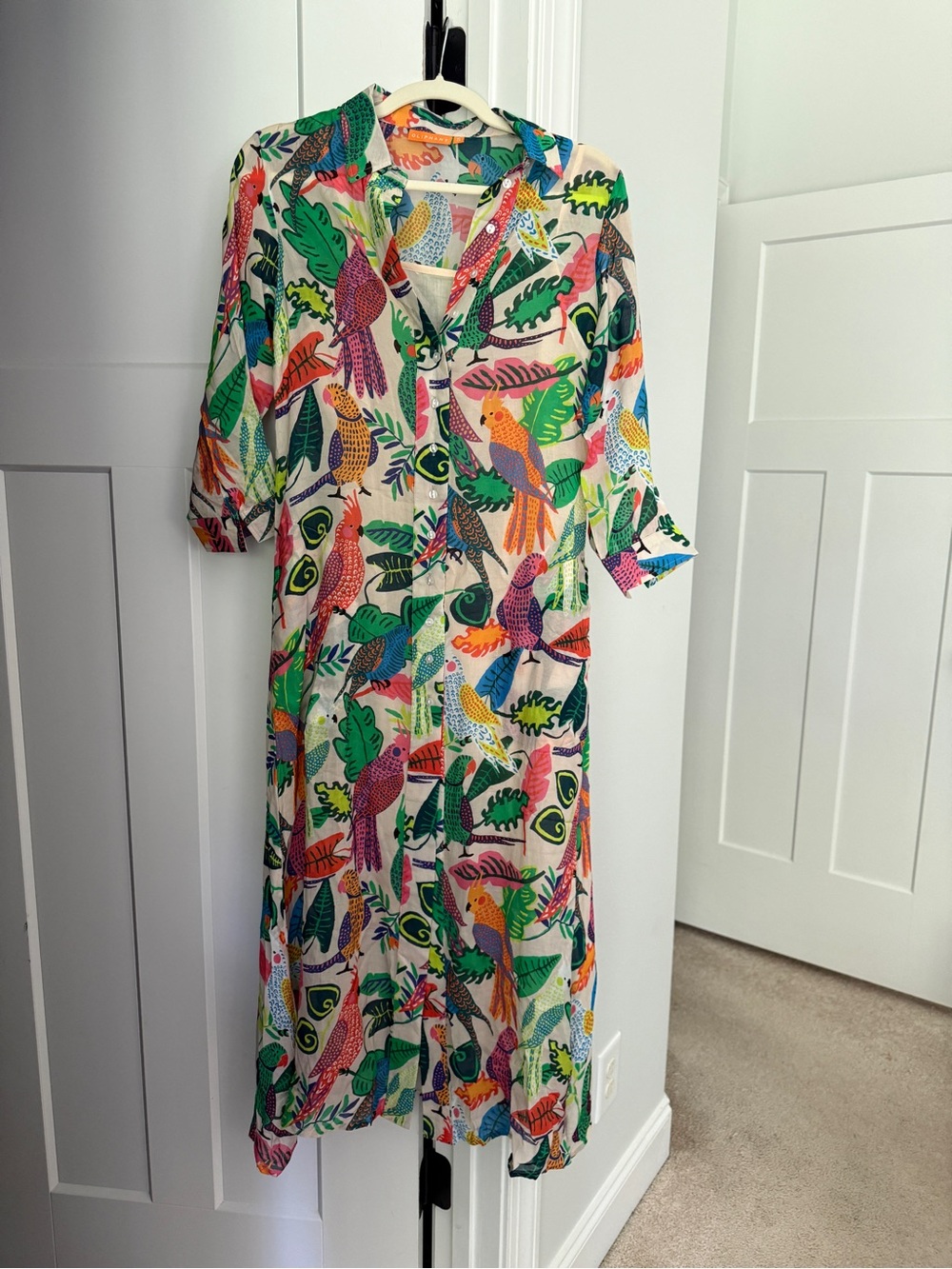 Oliphant Parrot Bird‎ Print Midi Dress Silk Blend